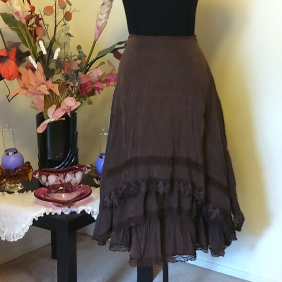 NWT Women Brown 3-Layers of Tiered Ruffle Lace Design Midi Skirt L 12 - Picture 3 of 12